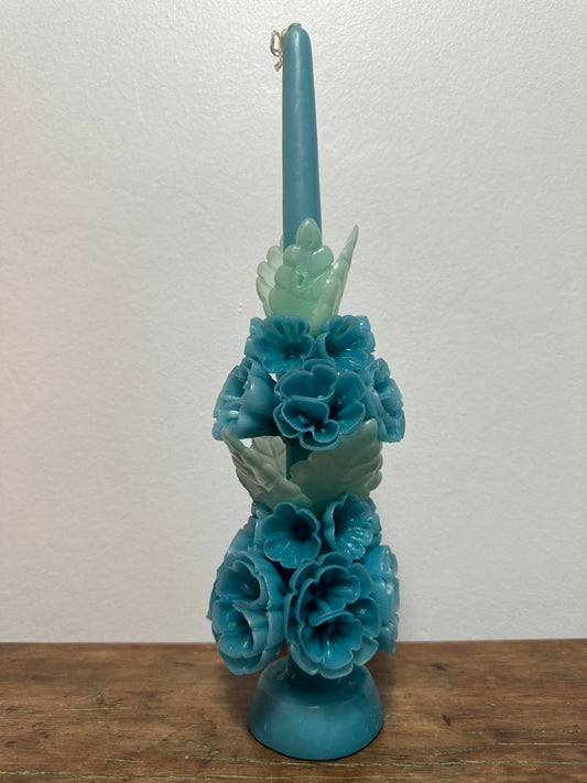 Tall Mexican Floral Candle-  Shallow + Deep Blues