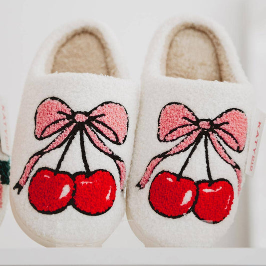 Cherry Bow Fuzzy Slippers For Women