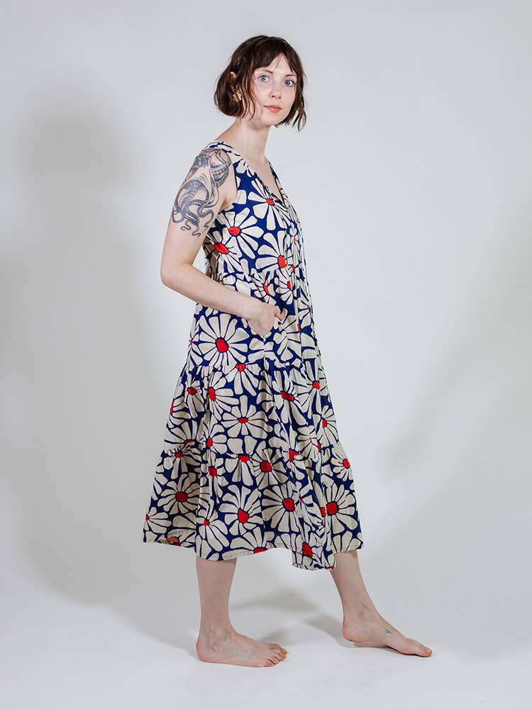 Thais Tiered Sleeveless Dress Navy Floral