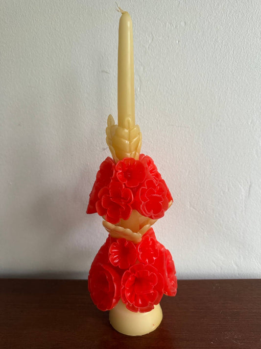 Tall Mexican Floral Candle-  Ivory + Coral