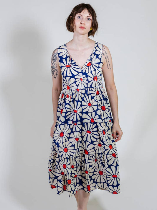 Thais Tiered Sleeveless Dress Navy Floral